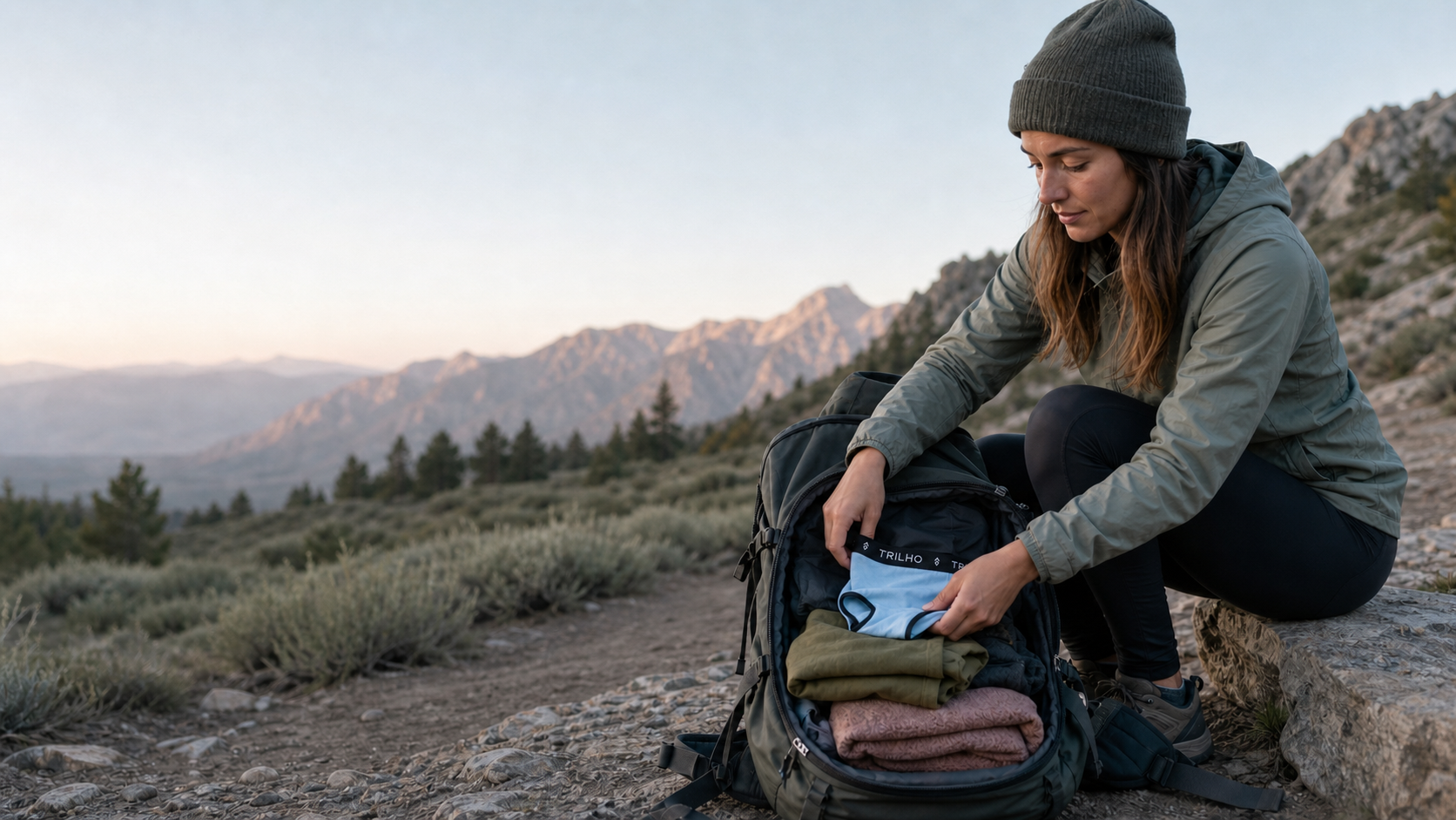 Woman packing TRILHO merino hiking underwear into a backpack in the mountains